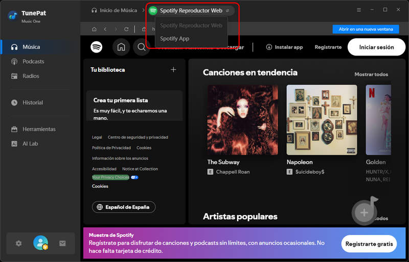interfaz de spotify en music one