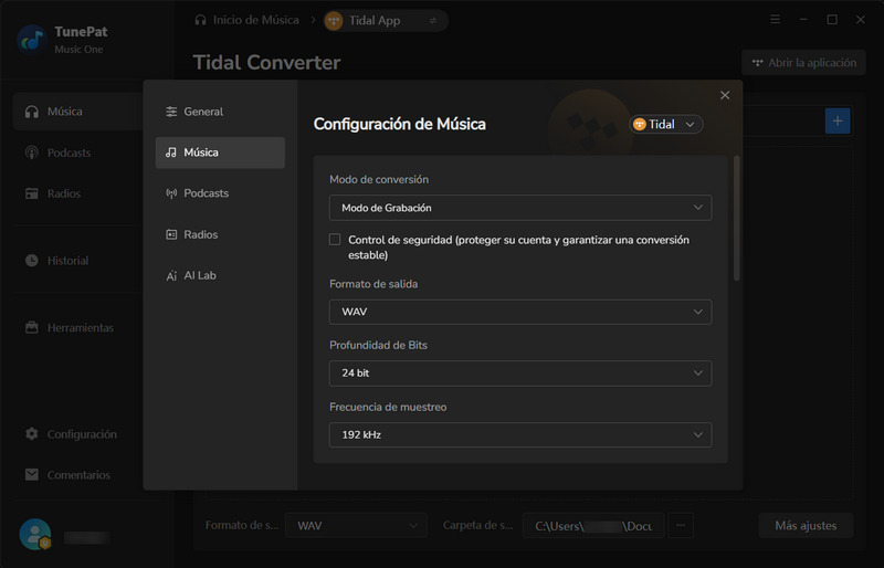 finalizar configuración de salida de música de Tidal