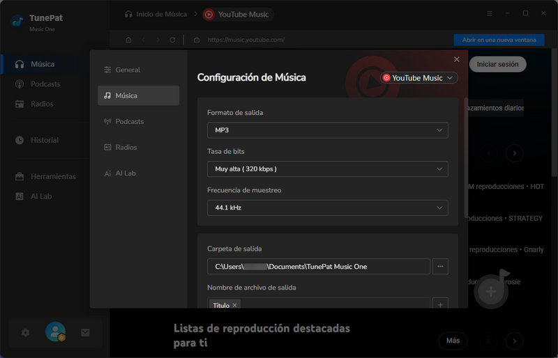 finalizar configuración de tunepat music one
