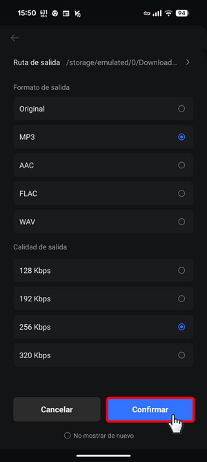 confirmar para descargar canciones de Spotify