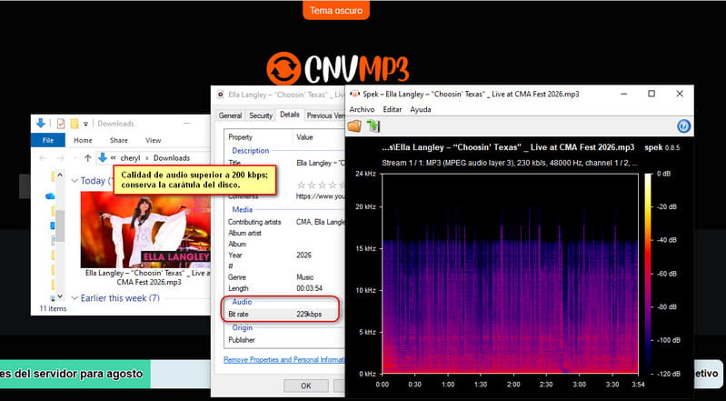 resultado de la prueba de calidad de audio de YouTube a MP3