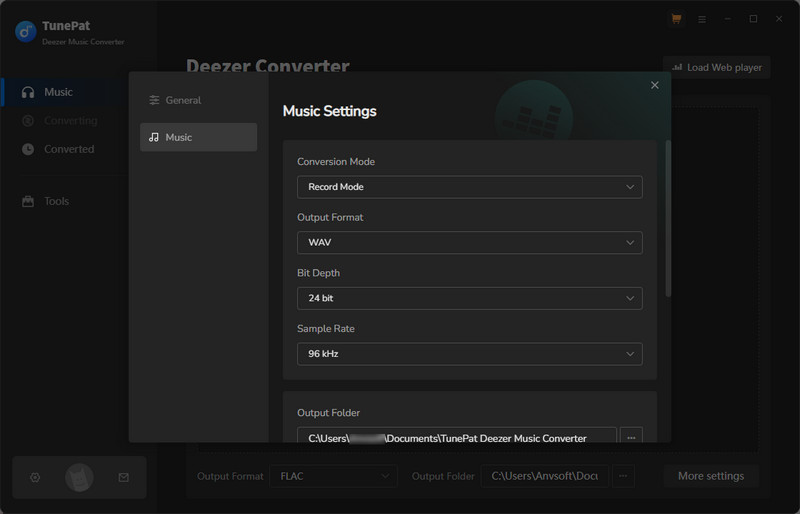 select deezer music output parameters
