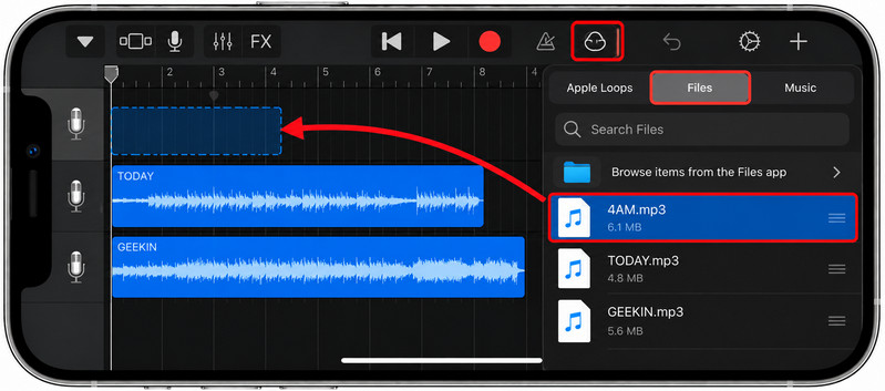 Drag an audio file from Files into GarageBand on iPhone