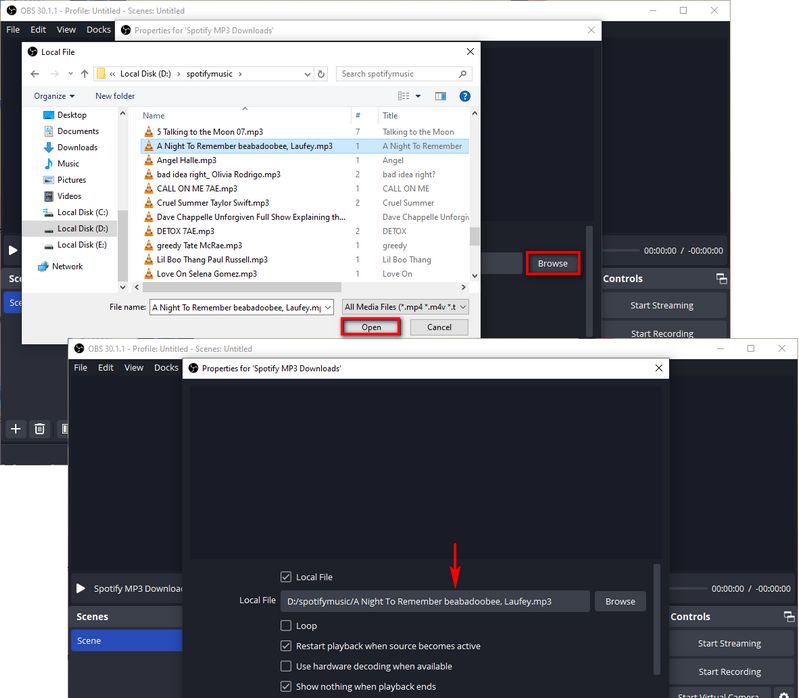 add spotify mp3 files to obs