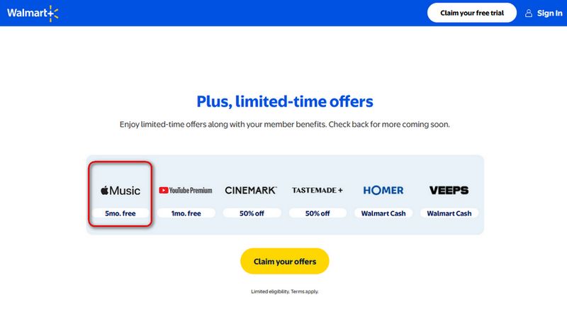 get apple music for free by Walmart+