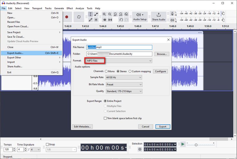 audacity export amazon music to mp3