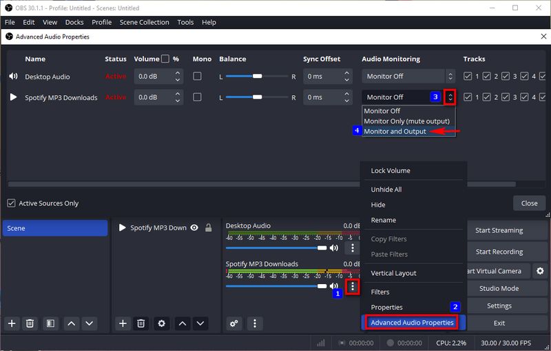 set audio monitoring on obs