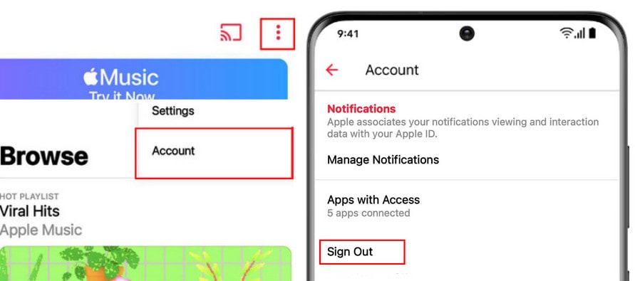 sign out apple music on android