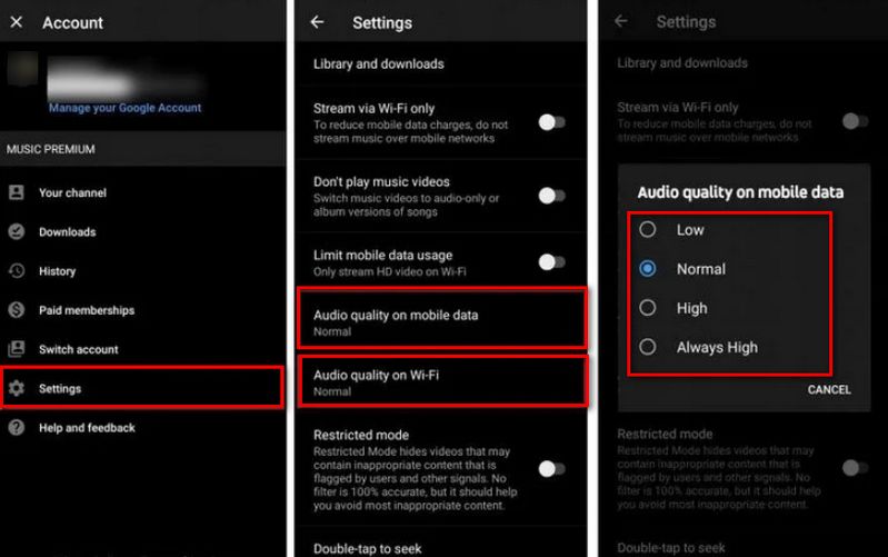 change youtube music steaming quality