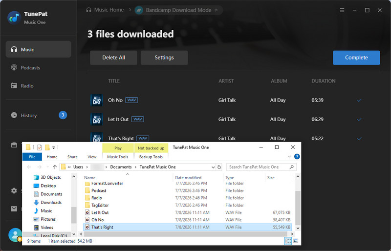 download bandcamp to wav using TunePat Music One