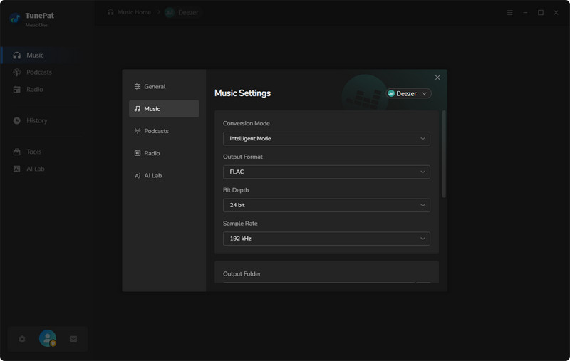 tunepat music one deezer settings