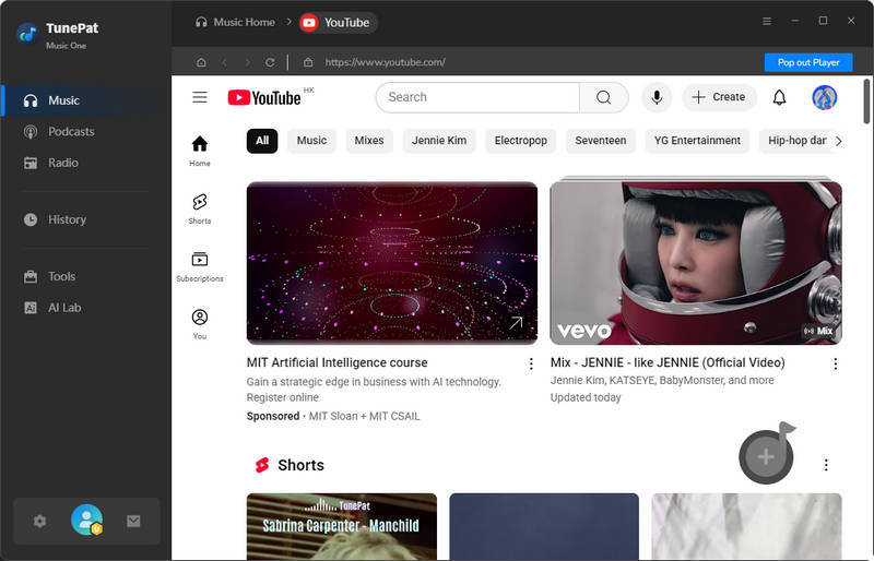 music one youtube interface
