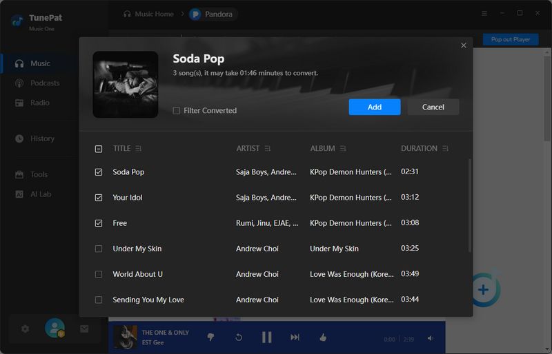 music one add pandora songs