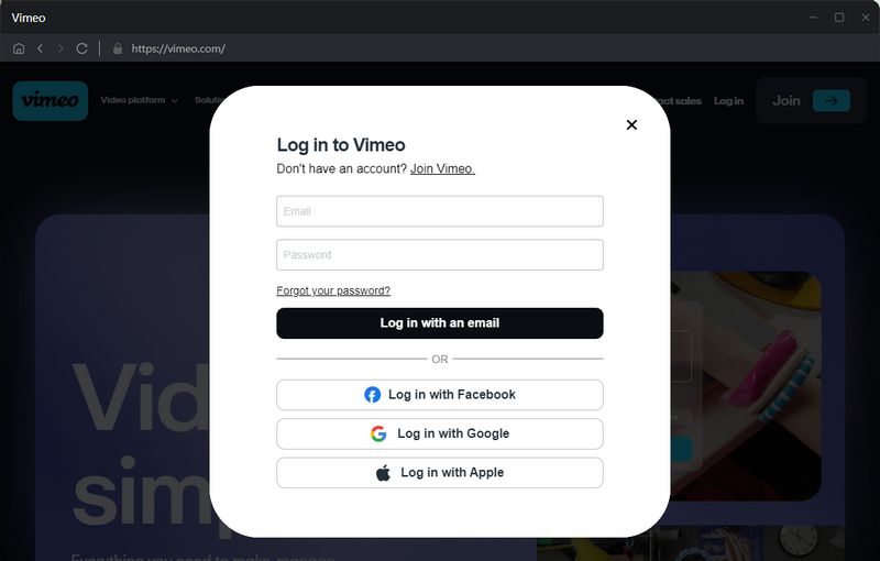 log in with your vimeo account