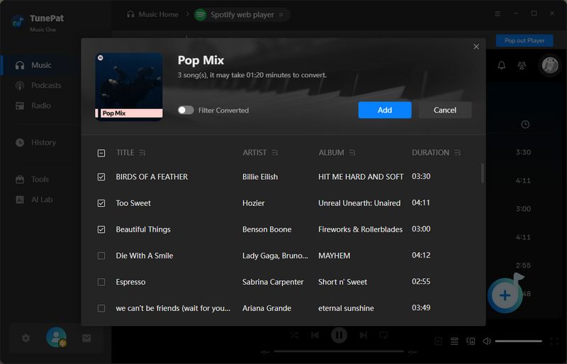 add spotify songs to Music One