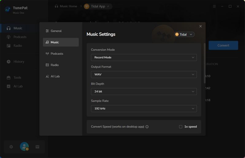 finish output settings of Tidal music
