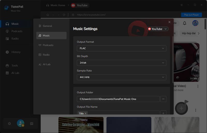 finish tunepat music one settings