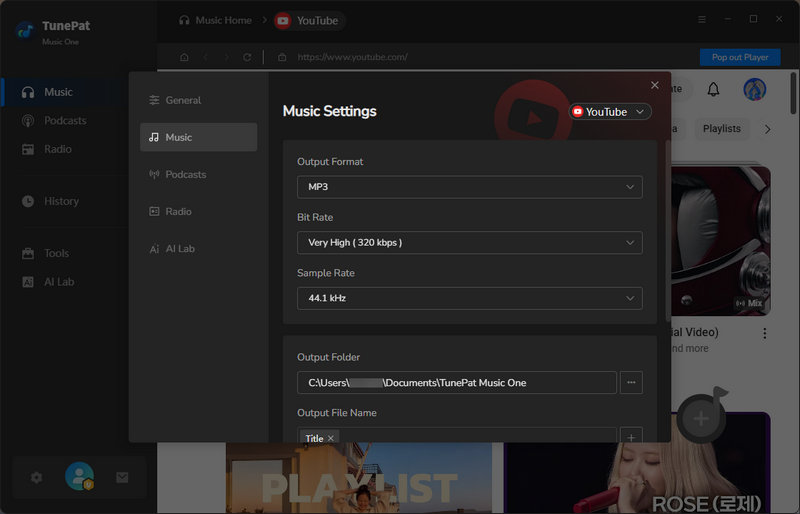 finish tunepat music one settings