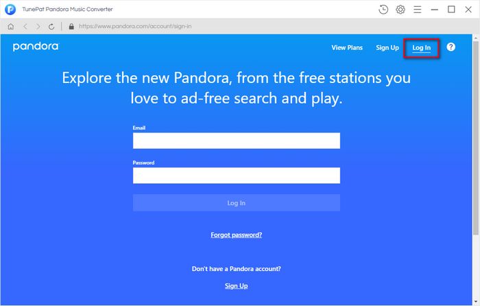 log in to Pandora account