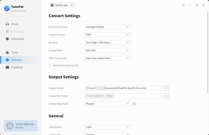 select spotify music output parameters