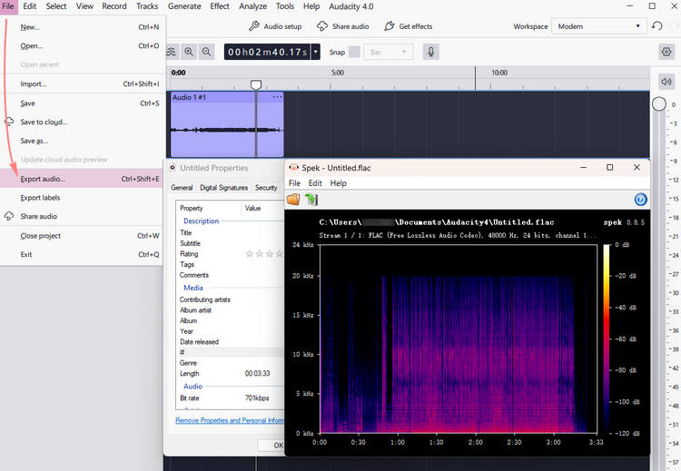 Audacity YouTube to FLAC Converter test result