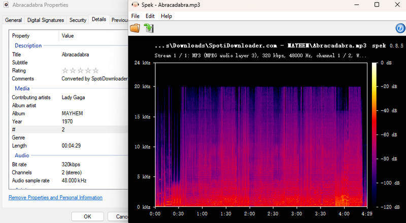 SpotiDownloader audio quality test showing 320kbps MP3 output