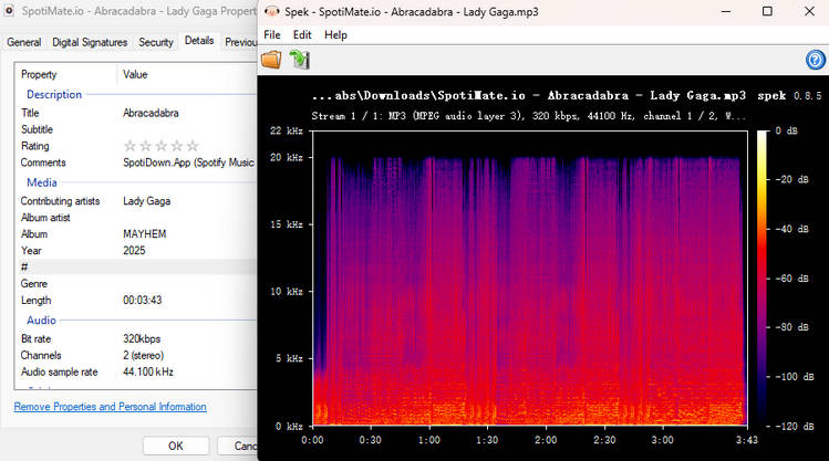 SpotifyMate audio quality test showing 320kbps MP3 output