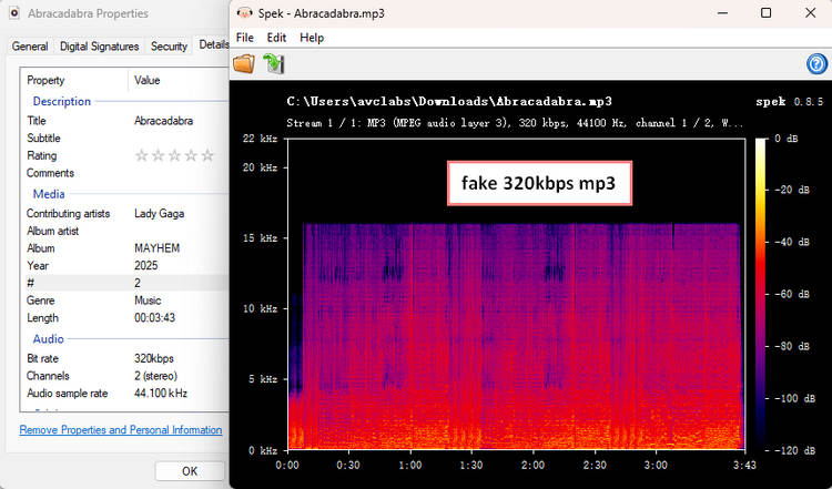 Spotmate audio quality test showing actual bitrate lower than the claimed 320kbps output
