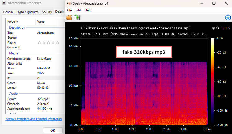 Spowload audio quality test showing actual bitrate lower than the claimed 320kbps output