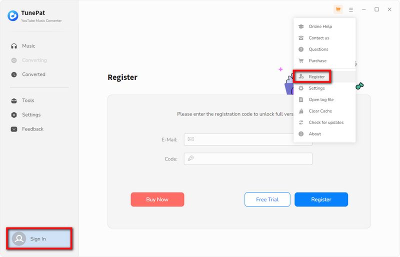 Register TunePat YouTube Music Converter