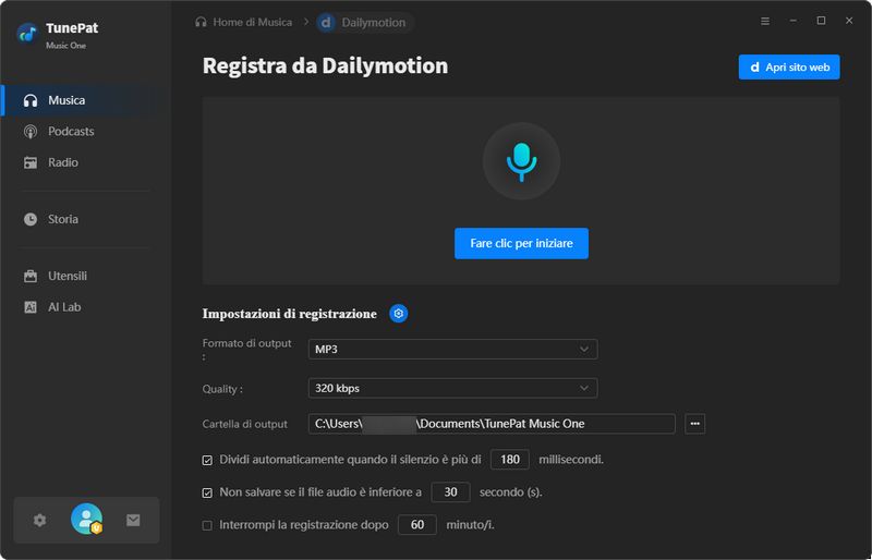 registra musica dal sito web