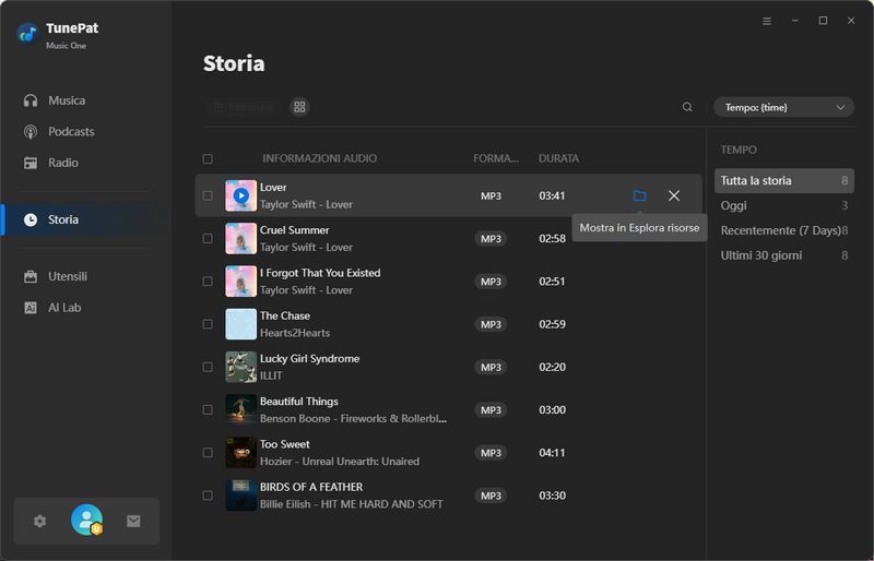 visualizza la cronologia convertita di TunePat Music One