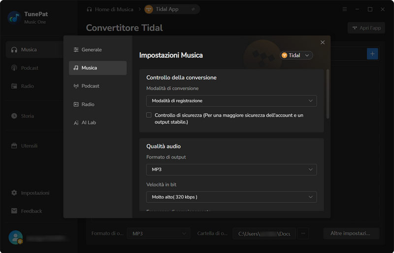 Completare le impostazioni di output della musica Tidal