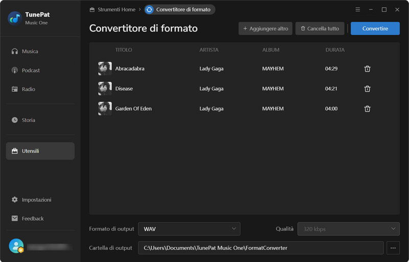 Convertire musica locale in WAV