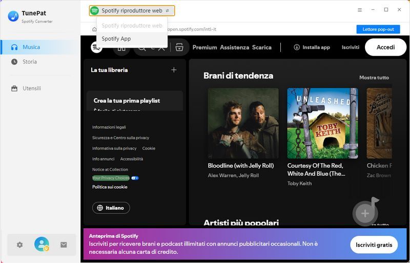 modalità webplayer di tunepat spotify converter