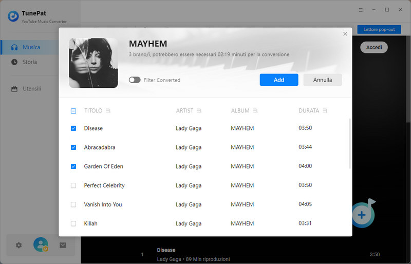 Aggiungi musica di YouTube da convertire