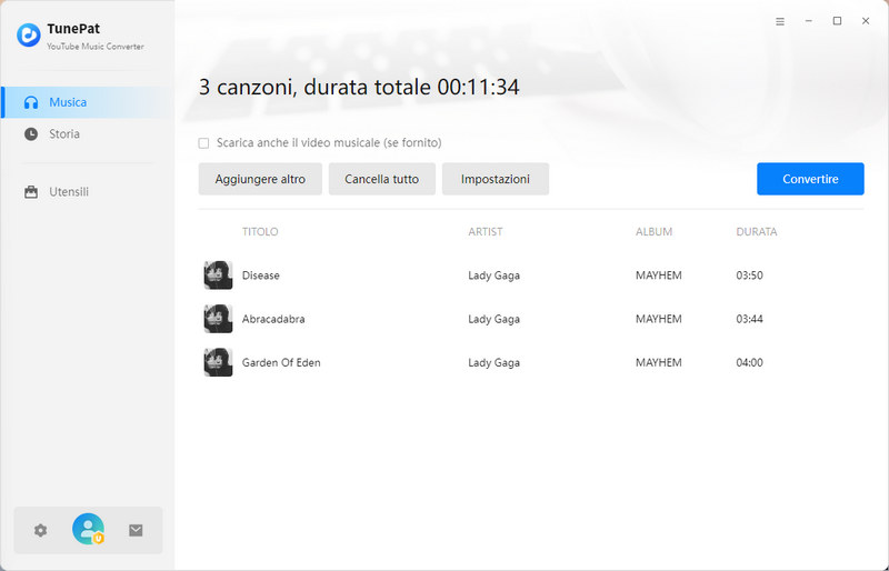 inizia a convertire le canzoni di YouTube Music