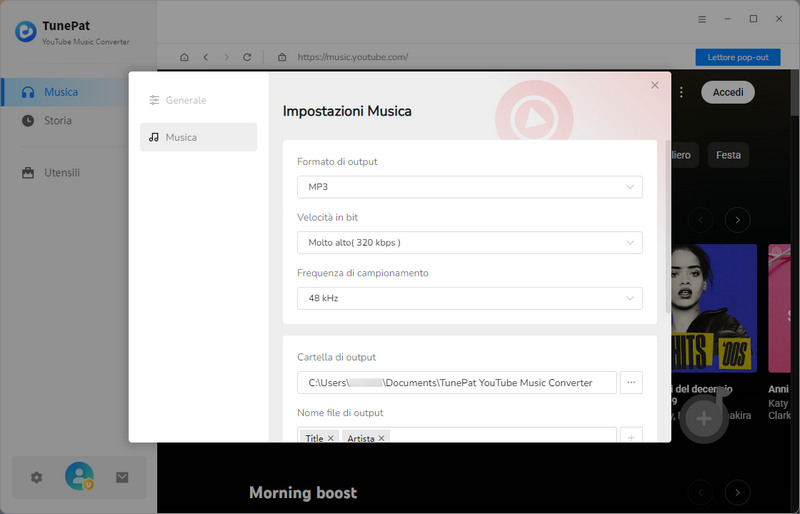 Personalizza le impostazioni di output